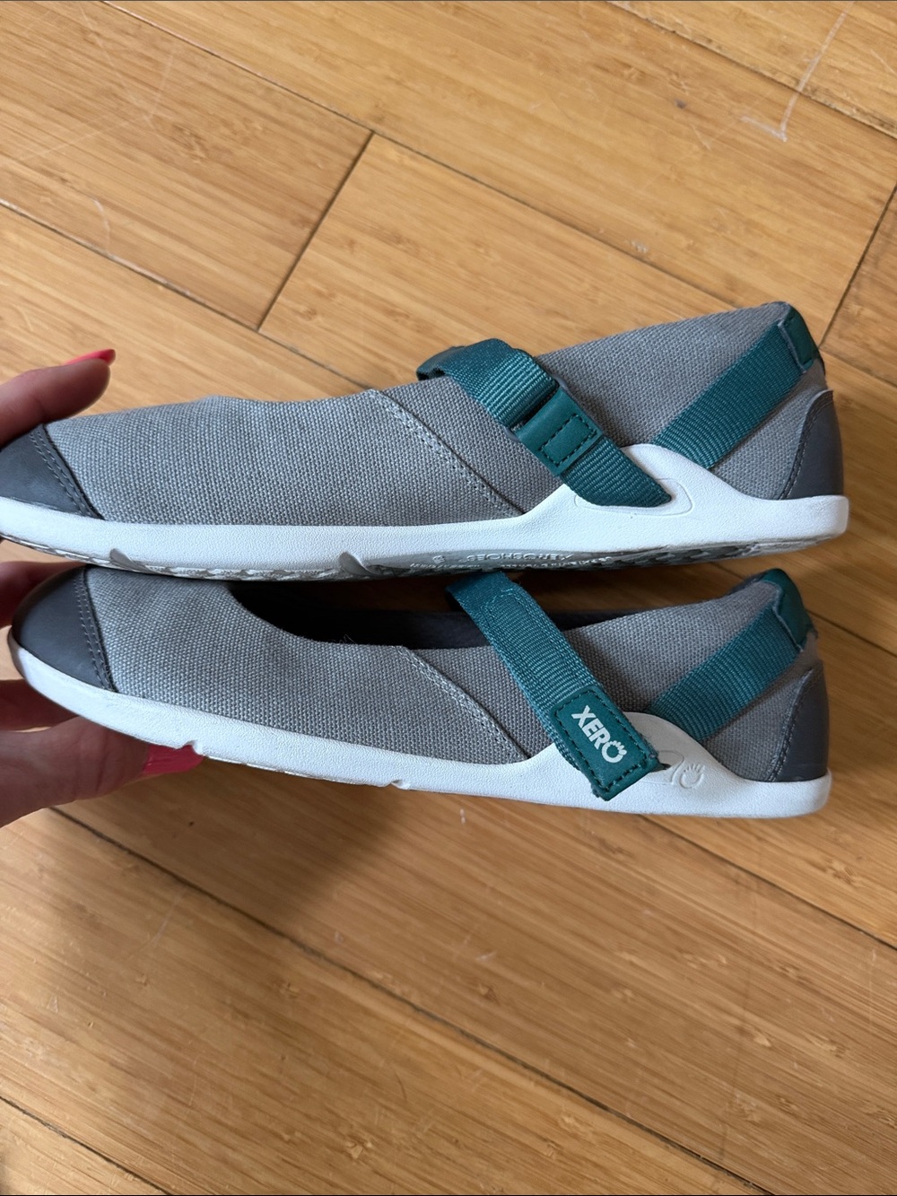 Gray Canvas Mary Jane Flats with Teal Insole and Strap - Picture 3 of 9
